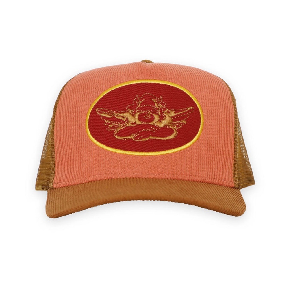 Boys Lie Coral and Brown Trucker Hat with Red Patch